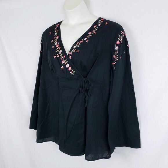 Venezia Embroidered Peasant Top Wrap Womens 18/20 Black Long Sleeve Boho Cotton - Picture 1 of 12